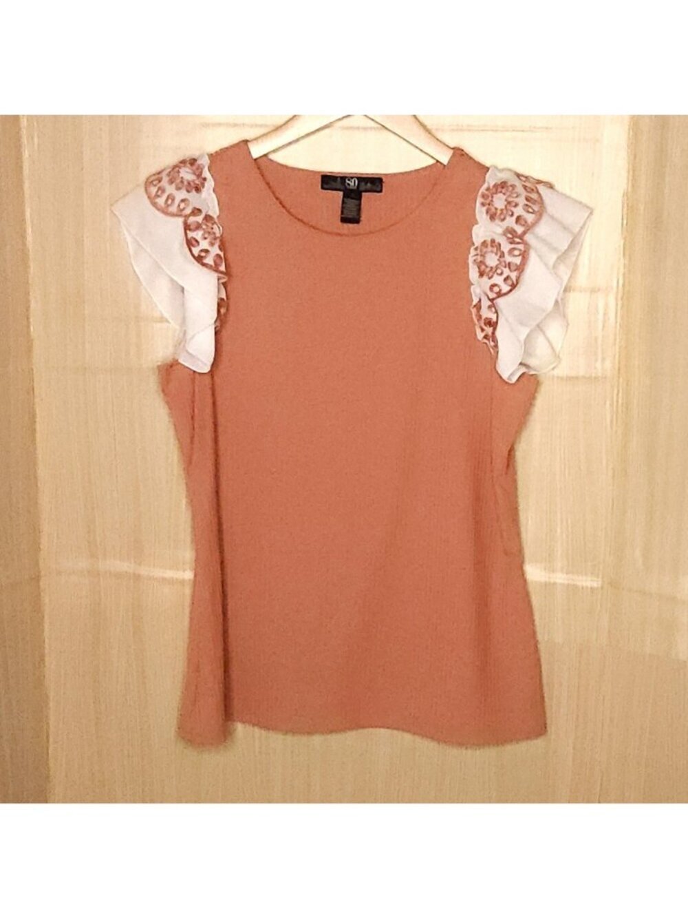 80 Park Womens Orange White Ribbed Top Eyelet Sleeve Small